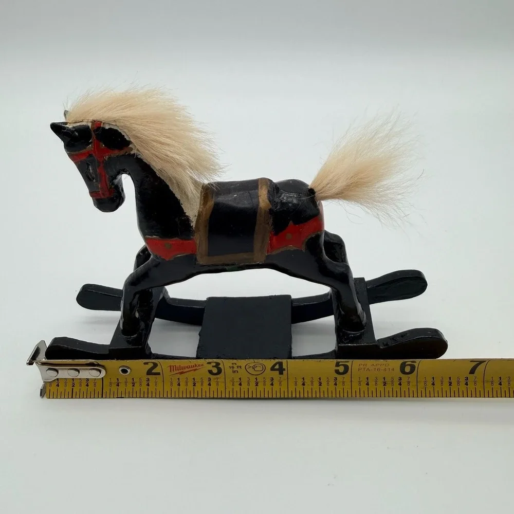 Vintage Hand-Carved Wooden Rocking Horse Figurine with Real Hair Mane and Tail